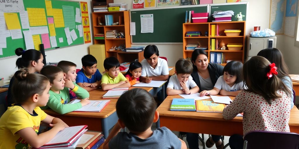 Clasă diversă cu elevi și profesor în România.