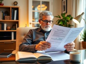 Cetățean analizând documente financiare în biroul de acasă.