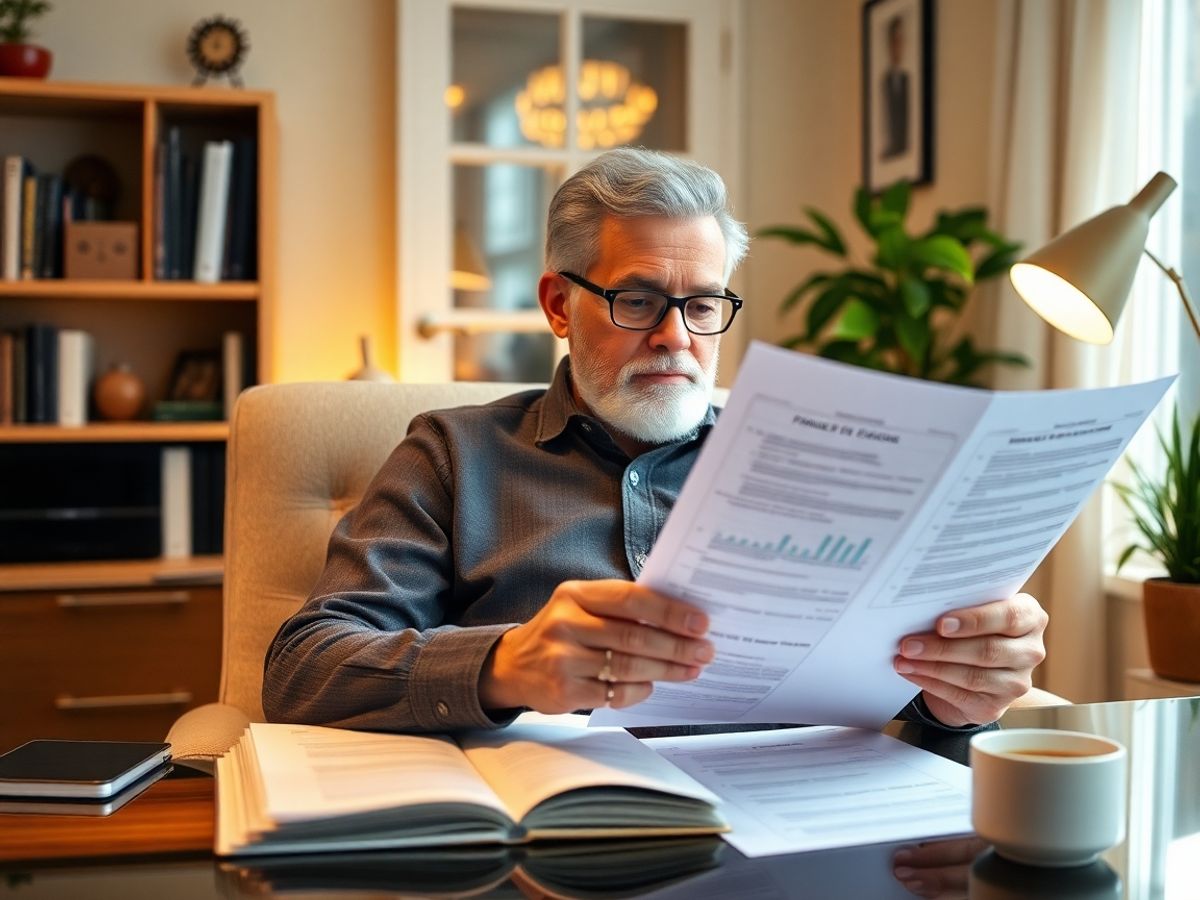 Cetățean analizând documente financiare în biroul de acasă.