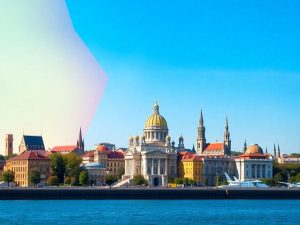 Peisaj cu repere românești și simboluri ale diplomației internaționale.