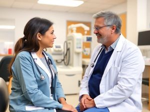 Medicul discutând cu pacientul într-o clinică modernă.