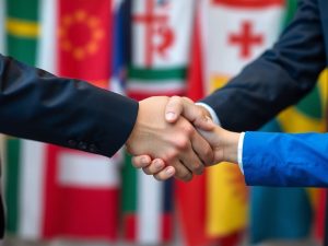 Hărți globale, steaguri naționale, strângeri de mână diplomatice, fundal estompat.