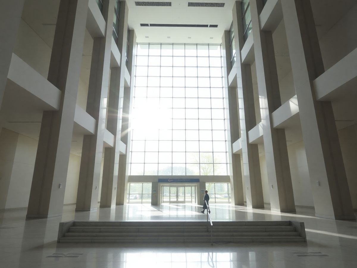 Interior luminos al unei clădiri guvernamentale moderne cu ferestre mari.