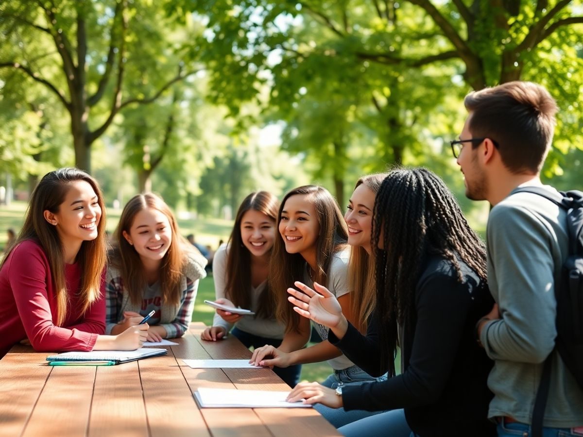 Tineri diverși vorbind vesel în jurul mesei într-un parc luminos