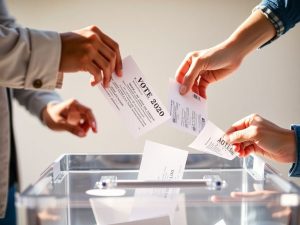 Oameni votând democratic într-o secție de votare.