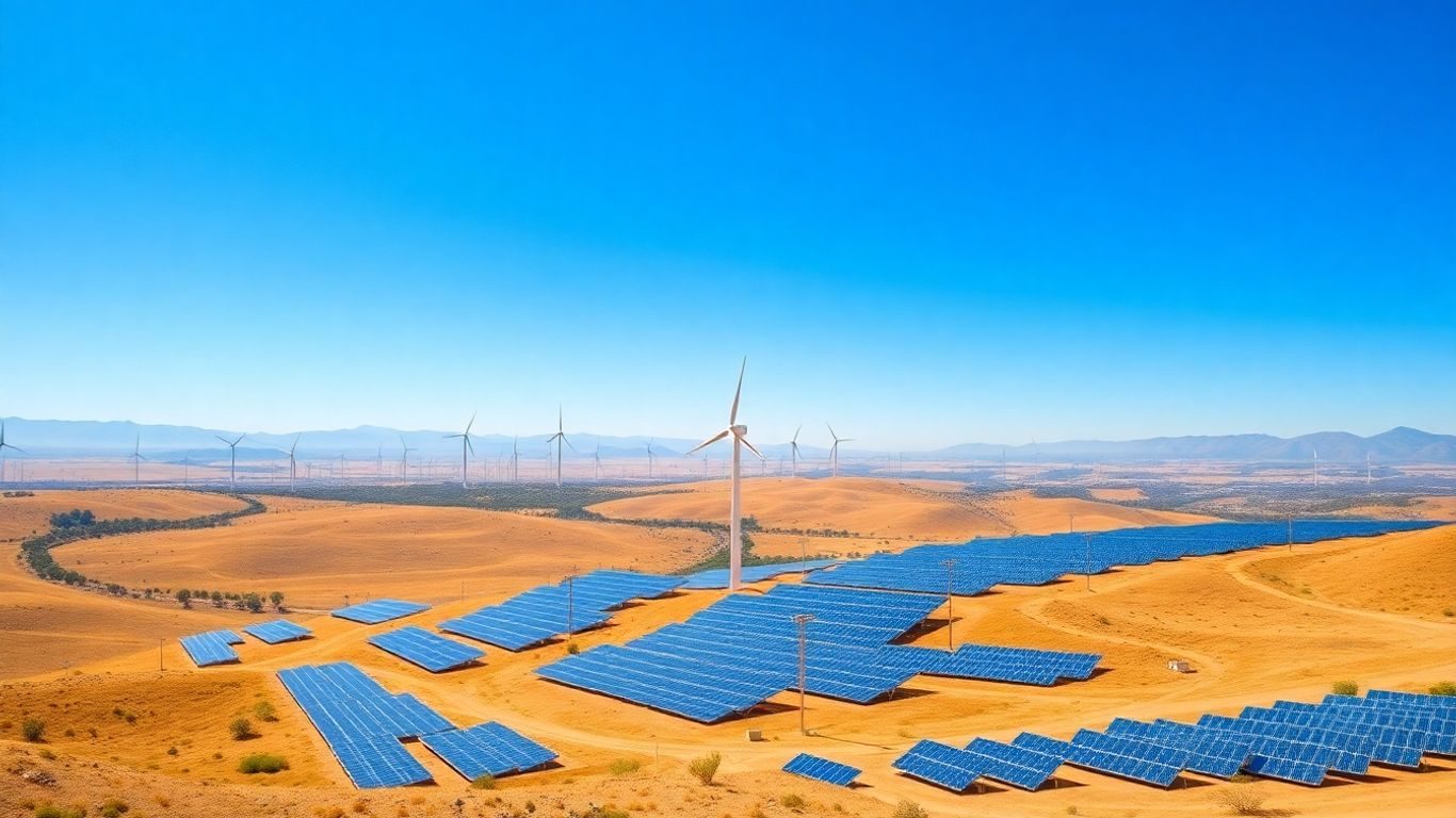 Turbine eoliene și panouri solare pe un fundal natural.