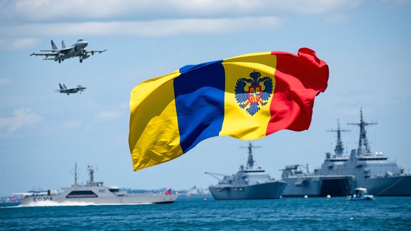 Steagul României flutură lângă avioane și nave militare.