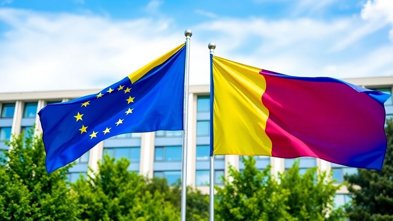 Steagurile UE și România în fața unei clădiri oficiale