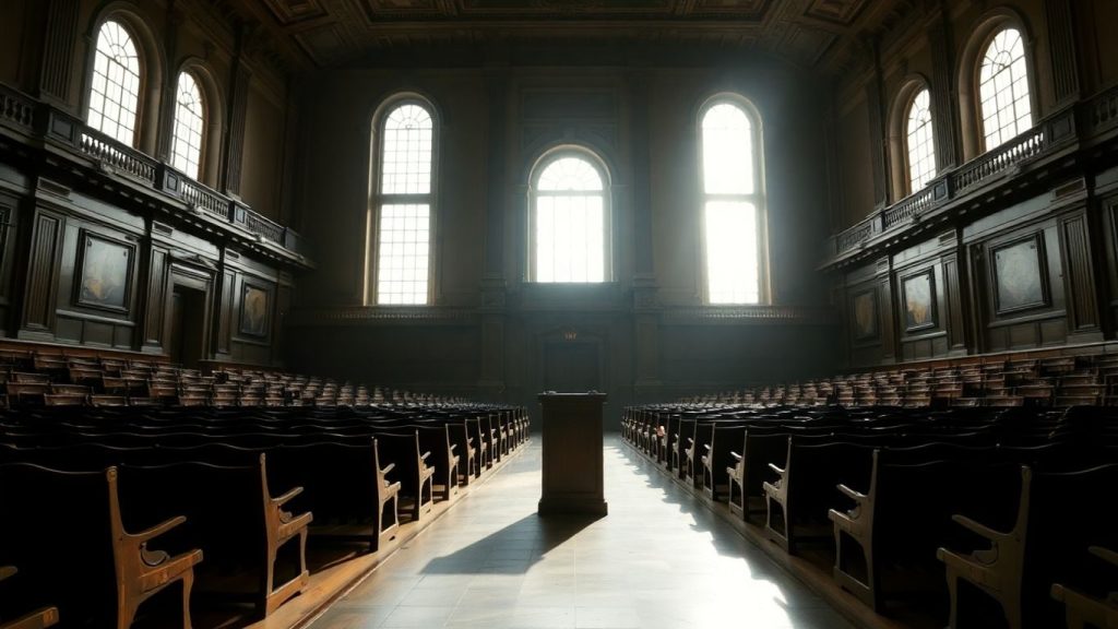 De Ce Avem Nevoie de o Reformă Reală a Parlamentului și Nu Doar de Promisiuni Electorale 1 Parlament gol, podium singur, lumină prin ferestre.