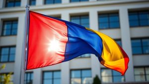 Steagul României în fața unei clădiri guvernamentale.